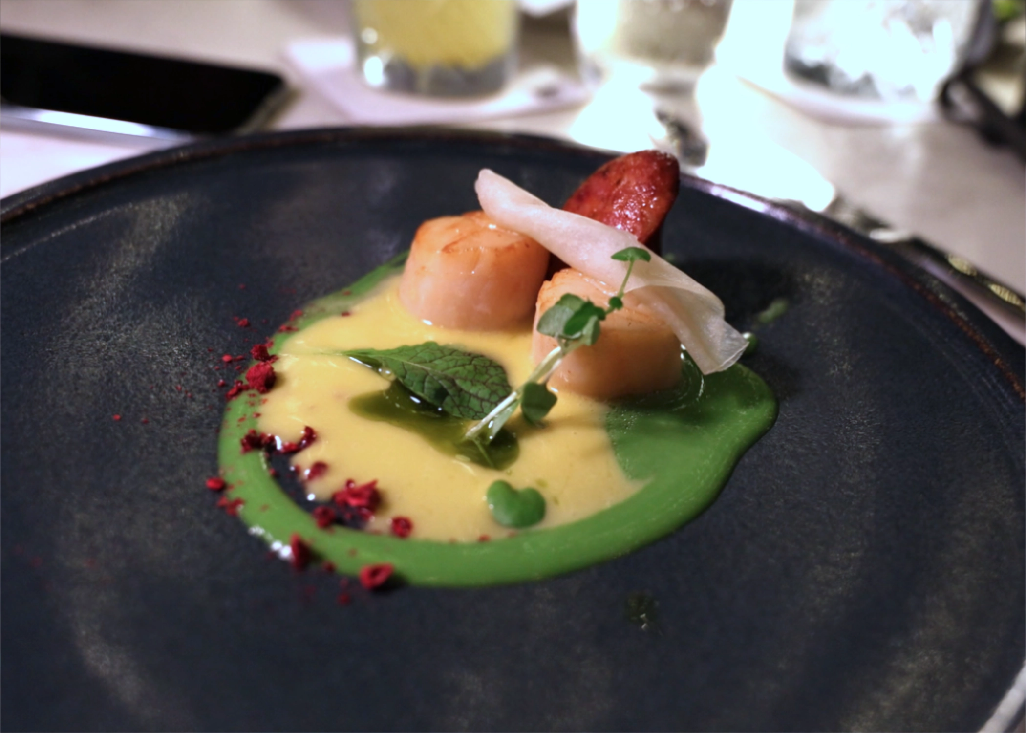 Scallops on pea purée with chorizo and pickled radish