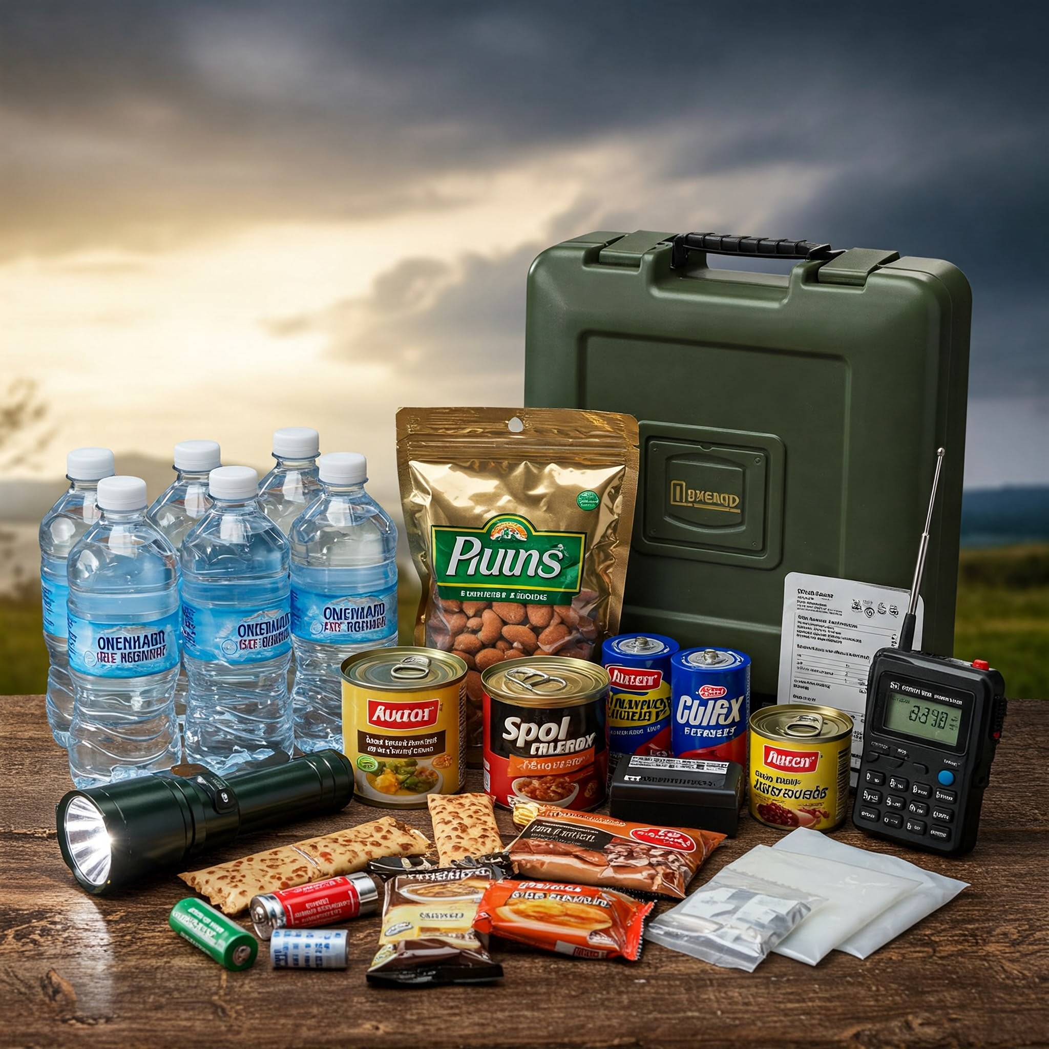 A kit with essentials: a 3-day supply of water, non-perishable food, first-aid supplies, a flashlight, a battery-powered radio, and extra batteries.