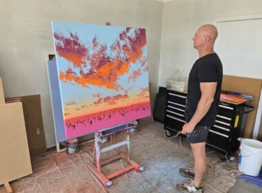 A vibrant contemporary landscape painting by Johnny K featuring thick impasto brushstrokes, magenta and cadmium orange sunset hues, and a soft aerosol sky.