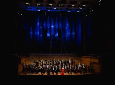 The full Queensland Symphony Orchestra standing on the QPAC Concert Hall stage, accepting a passionate standing ovation and rapturous applause from the audience at the conclusion of the Italian Gala.