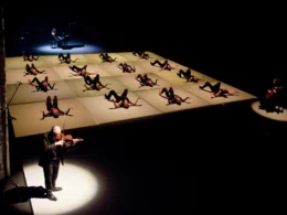 Dancers in Goyo Montero's Chacona for Queensland Ballet's Strings triple bill at QPAC with live musicians.