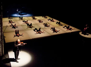 Dancers in Goyo Montero's Chacona for Queensland Ballet's Strings triple bill at QPAC with live musicians.